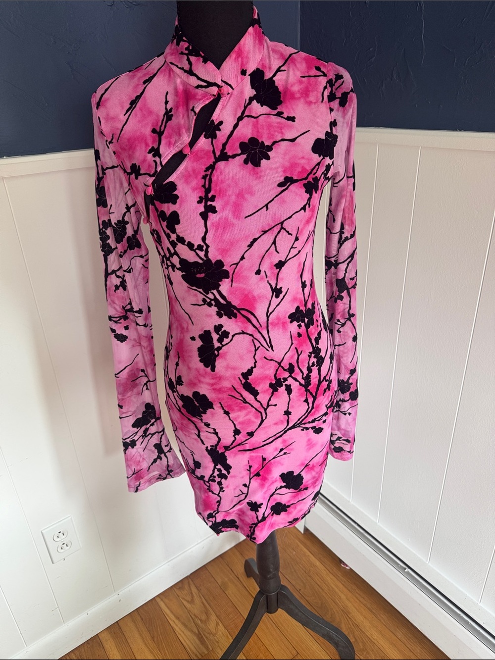 Fashion Nova Pink and Black Floral Long-Sleeve Bodycon Dress